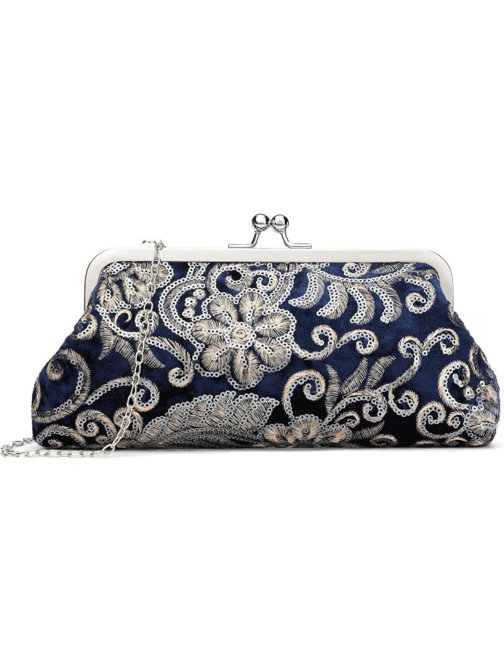 Women's Blue Clutch Purse Elegant Floral Embroidery Sequin Evening Bags